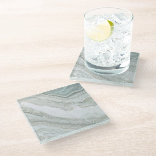 Green White Abstract Marble  Glass Coaster