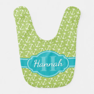 Green White Anchor Pattern Teal Monogram Baby Bib