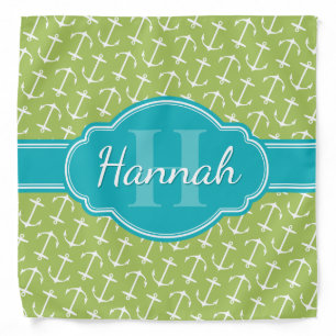 Green White Anchor Pattern Teal Monogram Bandana