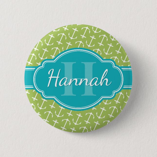 Green White Anchor Pattern Teal Monogram Button (Front)