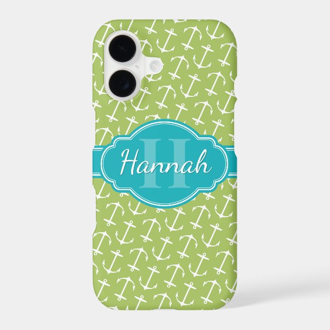Green White Anchor Pattern Teal Monogram Iphone Case (Back)