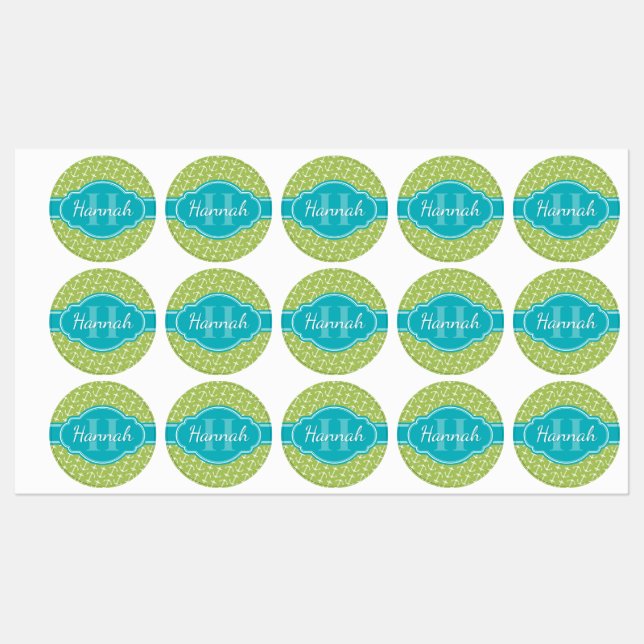 Green White Anchor Pattern Teal Monogram Labels (Sheet)