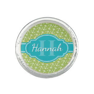 Green White Anchor Pattern Teal Monogram Ring