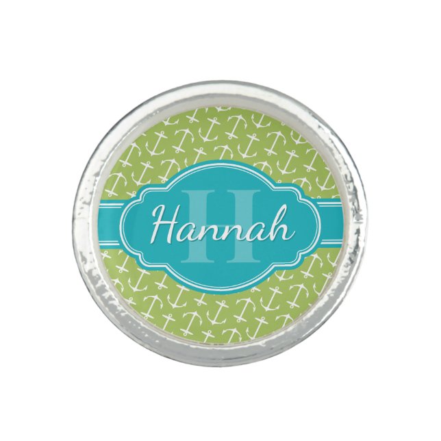 Green White Anchor Pattern Teal Monogram Ring (Front)