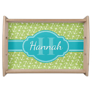 Green White Anchor Pattern Teal Monogram Serving Tray