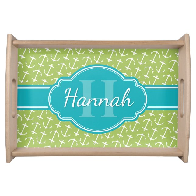 Green White Anchor Pattern Teal Monogram Serving Tray (Front)