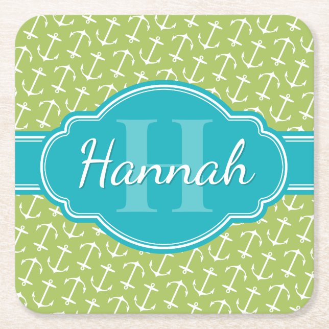 Green White Anchor Pattern Teal Monogram Square Paper Coaster (Front)