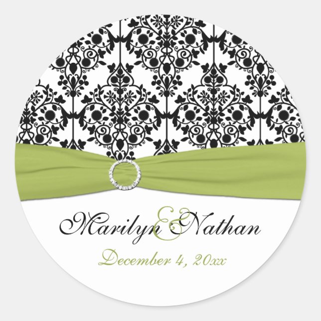 Green, White, and Black Damask 1.5" Round Sticker (Front)
