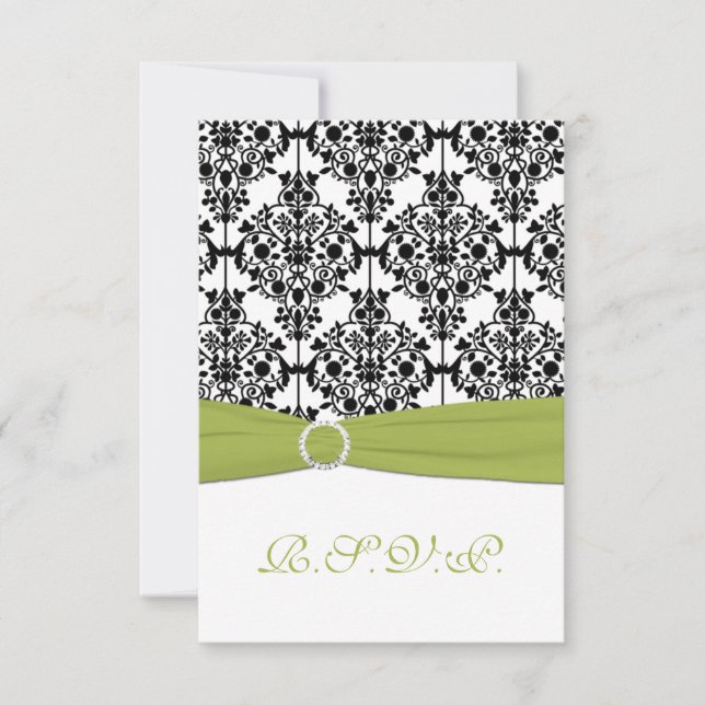 Green, White and Black Damask III Reply Card (Front)