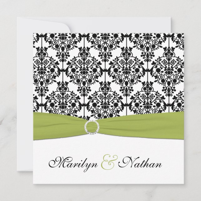 Green, White and Black Damask III Wedding Invite (Front)