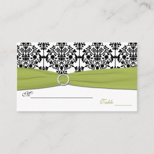 Customizable Green, White and Black Damask Placecards Business Card Template
