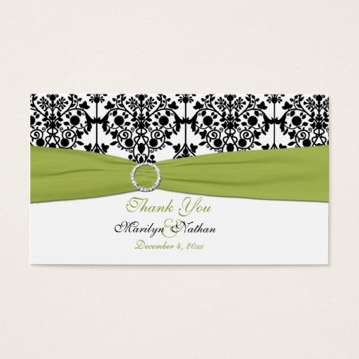 Customizable Green, White and Black Damask Wedding Favor Tag Business Card
