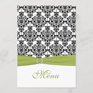 Green, White, and Black Damask Wedding Menu Card