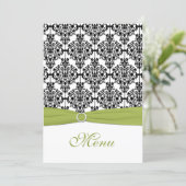 Green, White, and Black Damask Wedding Menu Card (Standing Front)