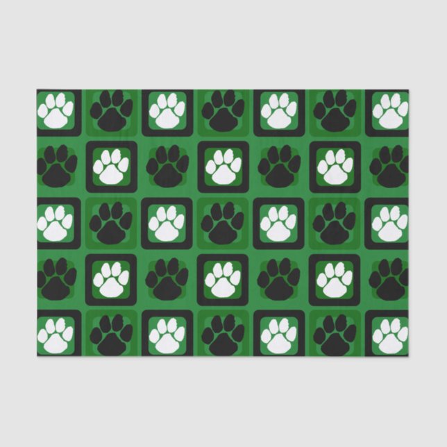 Green, White and Black Repeating Pawprint  Tissue Paper (Front)