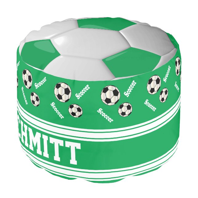 Green, White and Black Soccer Sport Pattern Pouf (Angled Front)