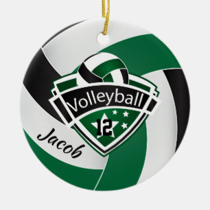 Green, White and Black Volleyball Ceramic Ornament