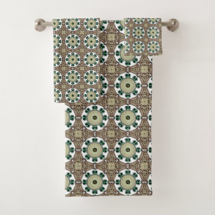 Green, white and brown mandala bath towel set