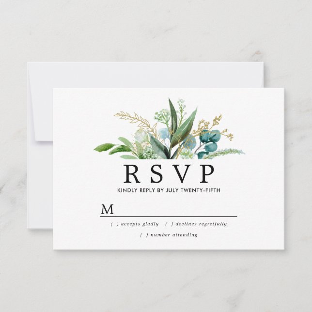 Green White and Gold Botanical Wedding RSVP Card (Front)