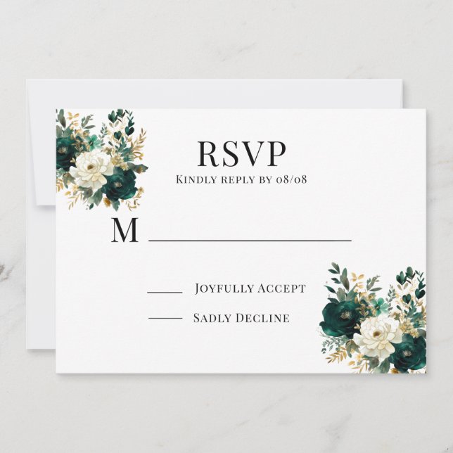 Green White and Gold Floral Wedding RSVP Cards (Front)