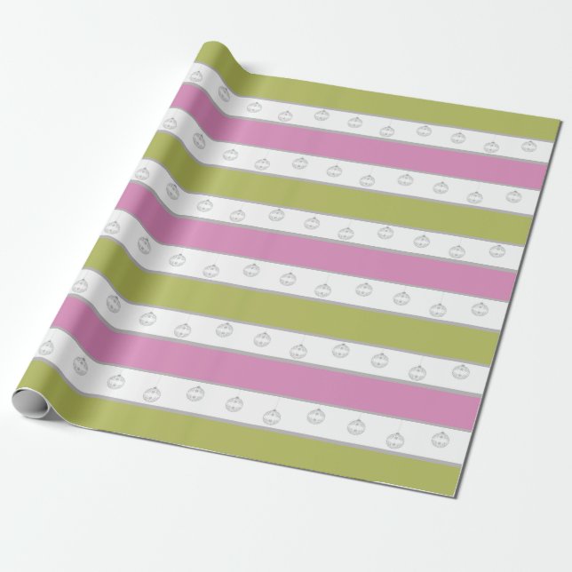 Green, white and pink stripe with ornaments wrapping paper (Unrolled)