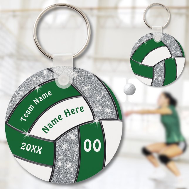Green, White and Silver Cheap Volleyball Giveaways Keychain (Green, White and Silver, Personalized Volleyball Souvenirs. Cheap Volleyball gifts for team. )