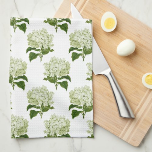 Green White Antique Hydrangea Illustration Pattern Kitchen Towel