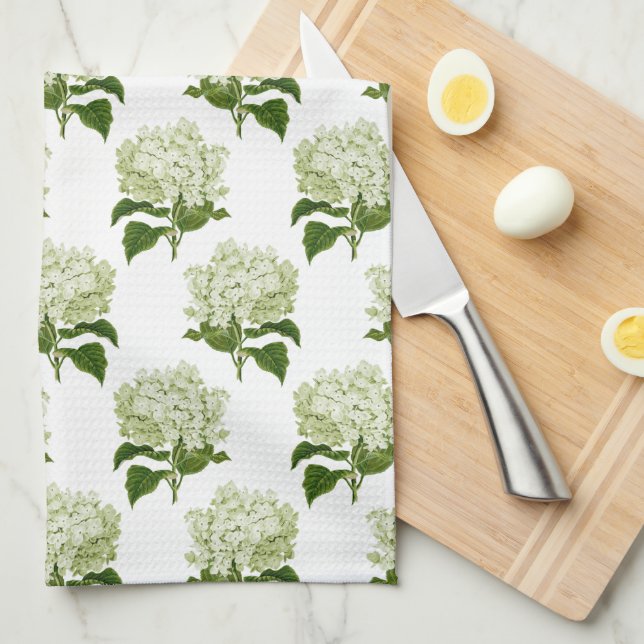 Green White Antique Hydrangea Illustration Pattern Kitchen Towel (Quarter Fold)