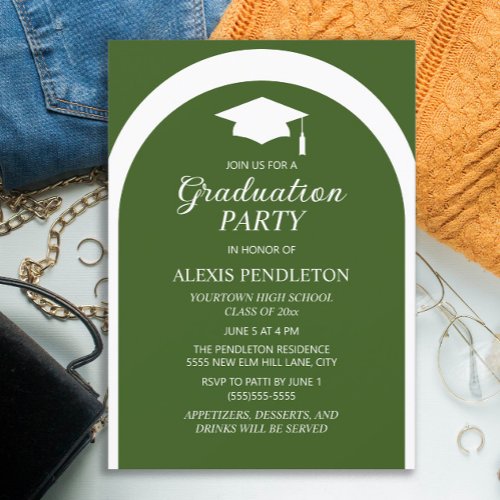 Green White Arch High School Graduation Cap Invitation