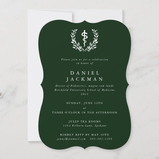 Green/White Asclepius Medical School Graduation Invitation (Front)