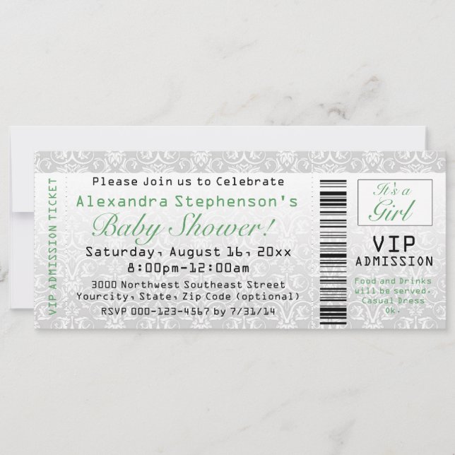 Green/White Baby Shower Ticket Invitations (Front)
