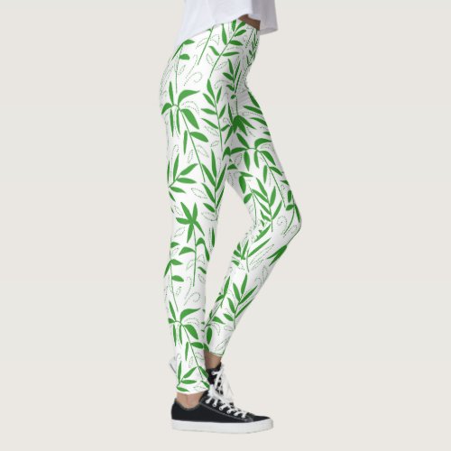 Green  white bamboo leaves Japanese pattern Leggings