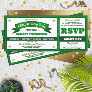 Green & White Baseball Allstar Ticket Birthday Invitation