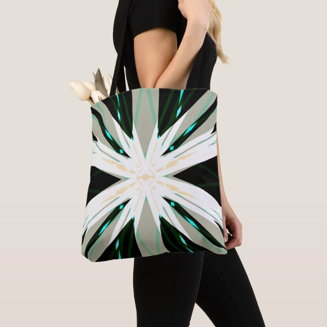 Green White Beige Winter Xmas Starburst Snowflake Tote Bag (Close Up)
