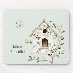 Green White Bird House Leaves Flowers Butterflies Mouse Pad
