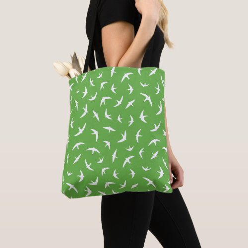 Green White Bird Patterned Tote Bag