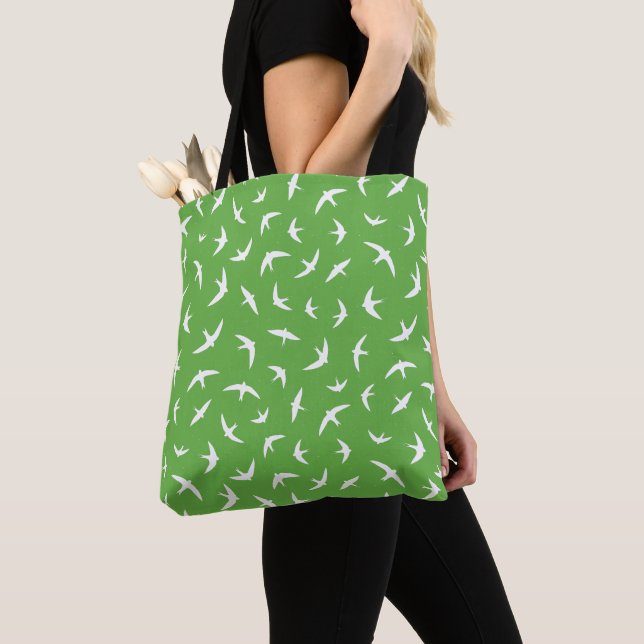 Green White Bird Patterned Tote Bag (Close Up)