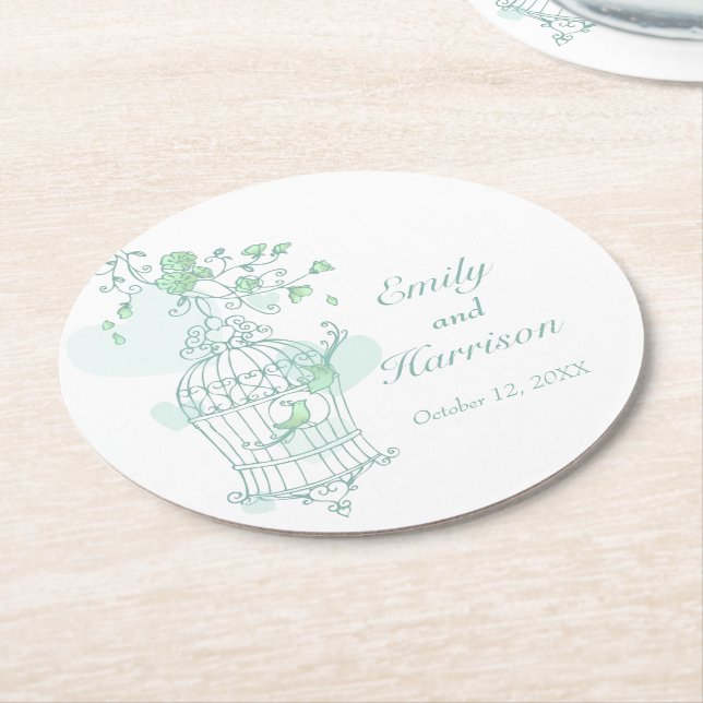Green & white birds open cage wedding coasters (Angled)
