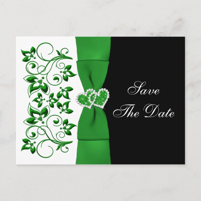 Green, White, Black Floral Save The Date Post Card (Front)