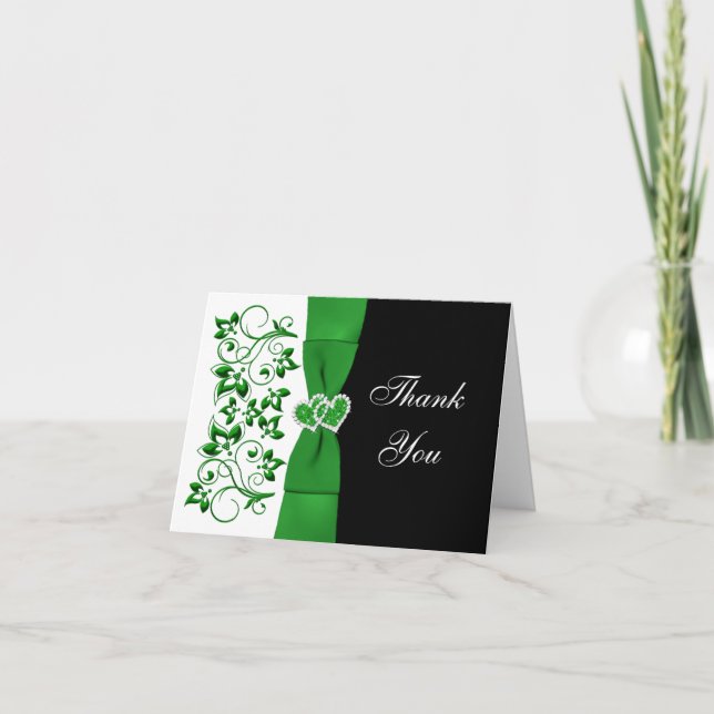 Green, White, Black Floral Wedding Thank You Card (Front)