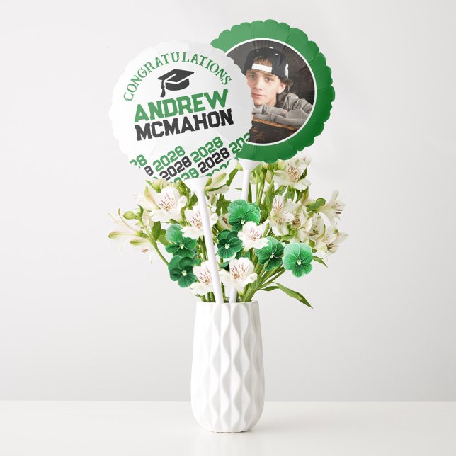 Green, White & Black Graduation Photo Centerpiece Balloon (Green, Black and White Graduation Balloon Centerpieces with Photo Back)