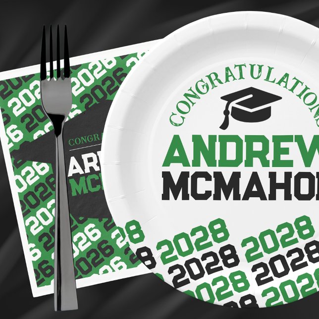 Green White Black Half Repeat Grad Personalized Paper Plates (Green, White and Black Class of Any Year Graduation Party Paper Napkins and Matching Paper Plates)