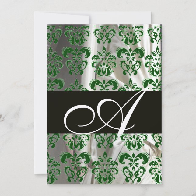 GREEN WHITE BLACK SILK DAMASK MONOGRAM GOLD INVITATION (Front)