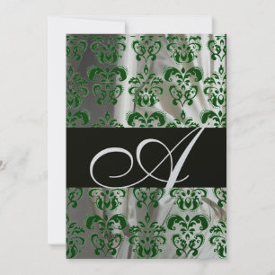 GREEN WHITE BLACK SILK DAMASK MONOGRAM SILVER INVITATION