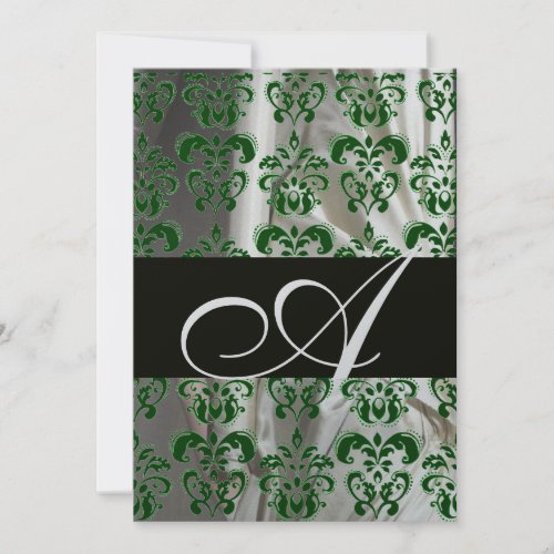 GREEN WHITE BLACK SILK DAMASK MONOGRAM SILVER INVITATION