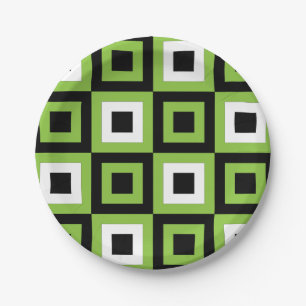 Green White Black Squares Geometric Party Paper Plates