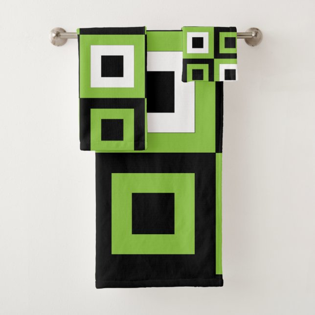 Green White Black Squares Geometric Pattern Bath Towel Set (Insitu)