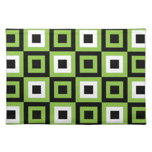 Green White Black Squares Geometric Pattern Cloth Placemat