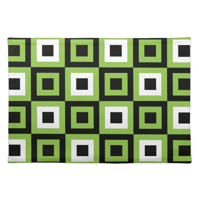Green White Black Squares Geometric Pattern Cloth Placemat (Front)