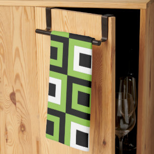 Green White Black Squares Geometric Pattern Kitchen Towel